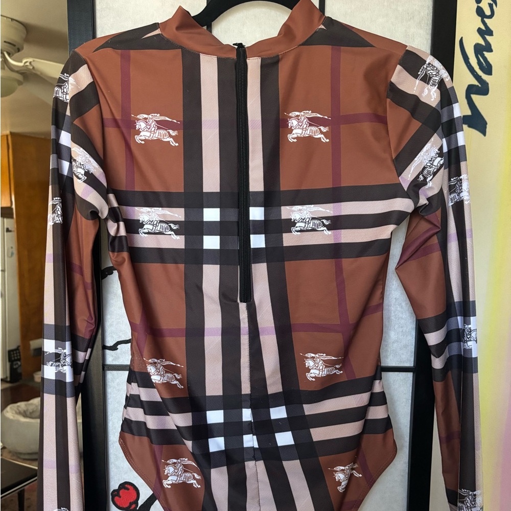 Brown Plaid Long-Sleeve Zip Bodysuit